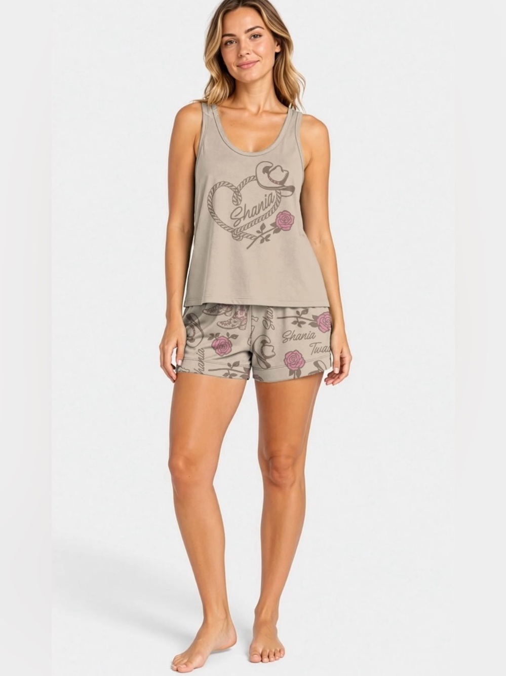 NWT Shania Twain Cream Tank Top with Pink Rose Graphic 2 pc Pajama set